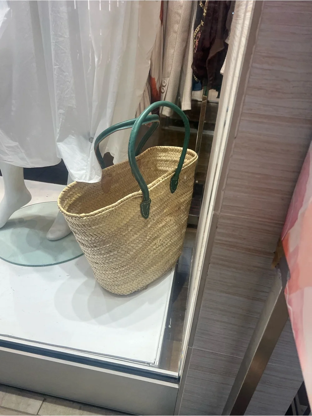 Woven Straw Tote with Green Leather Handles - Picture 1 of 2